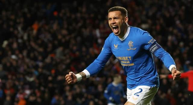 Rangers captain James Tavernier celebrates his second goal of the night at Ibrox as his team defeated Borussia Dortmund 6-4 on aggregate to reach the last 16 of the Europa League. (Photo by Alan Harvey / SNS Group)