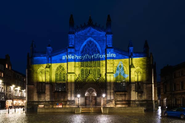 The bright colours of the Ukraine flag were beamed on to St Giles’ Cathedral in the heart of Edinburgh