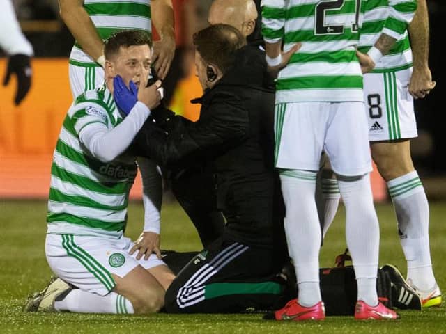 Callum McGregor is forced off with a head injury in the 2-1 Scottish Cup fourth round win. (Photo by Craig Foy / SNS Group)
