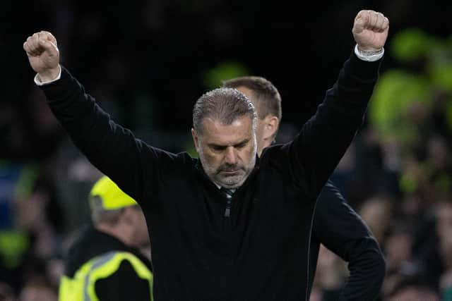 Celtic manager Ange Postecoglou celebrates during the 4-2 win over Dundee United.  (Photo by Alan Harvey / SNS Group)