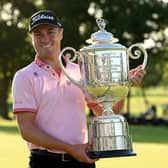 Justin Thomas shows off the Wanamaker Trophy after winning the PGA Championship for a second time at Southern Hills Country Club in Tulsa, Oklahoma. Picture: Ross Kinnaird/Getty Images.