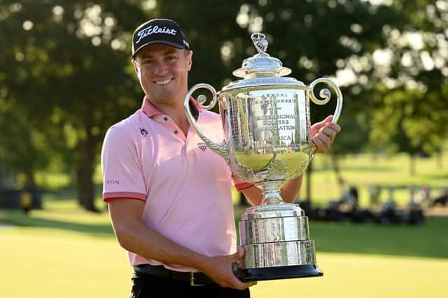 Justin Thomas shows off the Wanamaker Trophy after winning the PGA Championship for a second time at Southern Hills Country Club in Tulsa, Oklahoma. Picture: Ross Kinnaird/Getty Images.