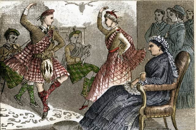 A tartan-clad couple dances to the sound of the bagpipes for Queen Victoria, in an engraving from around 1880 (Image: Fototeca Gilardi/Getty Images)