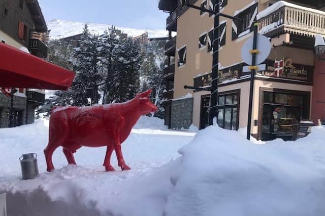 La Vache Rouge restaurant in the village of Arc 1950 in the French Alps, where seafood platters topped by Brittany oysters and Madagascan prawns, Limousin and Wagyu meat are on the menu.