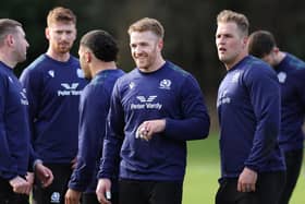 Kyle Steyn, centre, is seen during a training session at Oriam after rejoining the Scotland camp following the birth of his daughter. (Photo by Ian MacNicol/Getty Images)