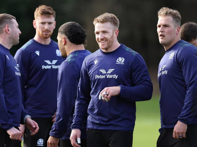 Kyle Steyn, centre, is seen during a training session at Oriam after rejoining the Scotland camp following the birth of his daughter. (Photo by Ian MacNicol/Getty Images)