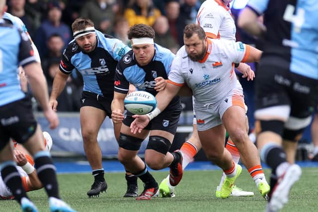 Try-scorer Pierre Schoeman on the attack for Edinburgh in the 24-7 away win over Cardiff in the United Rugby Championship. (Photo by Chris Fairweather/Huw Evans/Shutterstock)