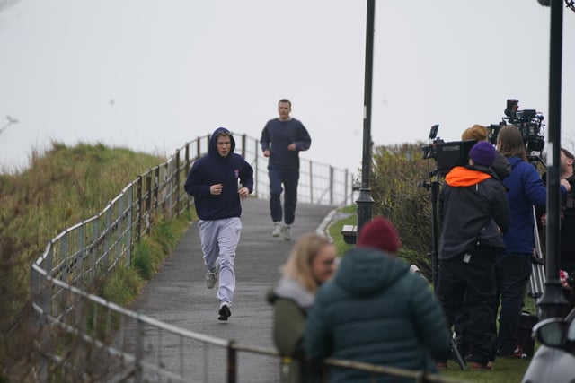 Actor Ed McVey, who plays the part of Prince William, filming scenes at East Scores in St Andrews