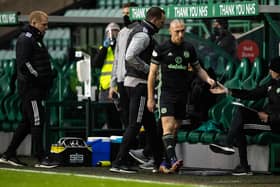 Celtic captain Scott Brown walks off after being substituted at Easter Road. Picture: SNS
