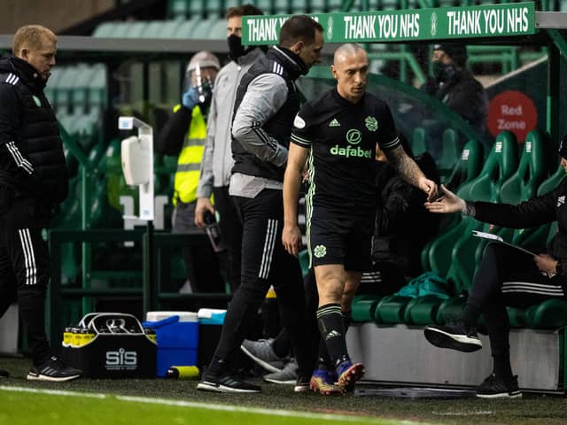 Celtic captain Scott Brown walks off after being substituted at Easter Road. Picture: SNS