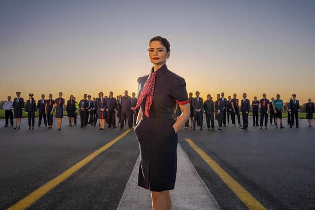 British Airways have unveiled their new uniform, the first in nearly 20 years. Female cabin crew will be able to wear jumpsuits in what the company described as "an airline first", while a tunic and hijab option has also been introduced. Picture: British Airways/PA Wire