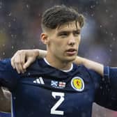 Scotland defender Aaron Hickey has emerged as a major doubt for Euro 2024. (Photo by Ross MacDonald / SNS Group)