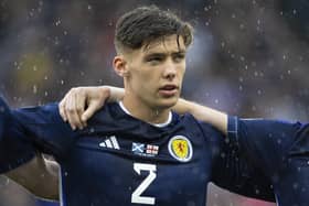 Scotland defender Aaron Hickey has emerged as a major doubt for Euro 2024. (Photo by Ross MacDonald / SNS Group)