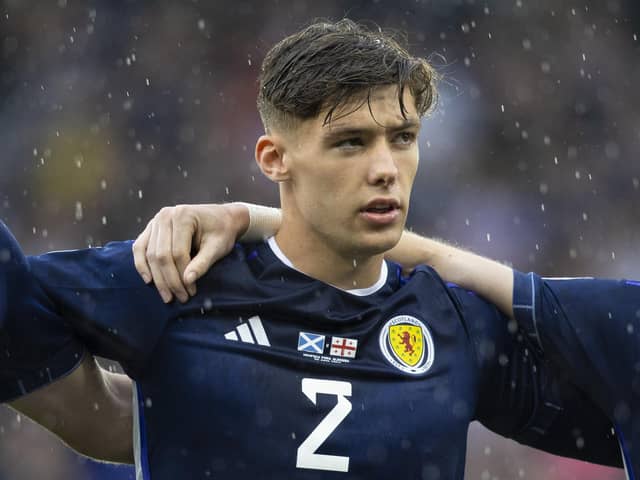 Scotland defender Aaron Hickey has emerged as a major doubt for Euro 2024. (Photo by Ross MacDonald / SNS Group)