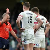 Freddie Steward of England receives a red card from referee Jaco Peyper during the Six Nations Rugby match against Ireland in the Six Nations earlier this year - it was later downgraded to a yellow.