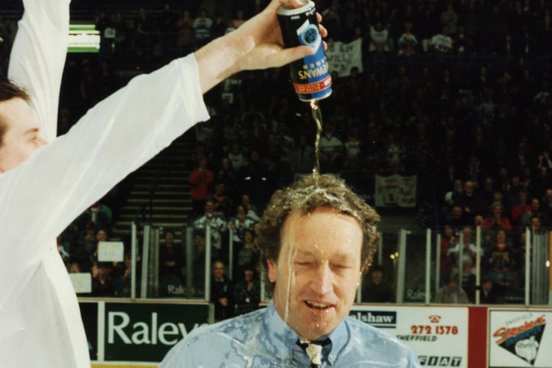 Steelers v Nottingham Panthers, 29 February 1996. Steelers coach Alex Dampier gets a soaking
