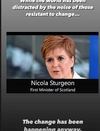 Jennifer Aniston championed Nicola Sturgeon in January as one of the world's great female leaders. Photo: Jennifer Anniston/Instagram