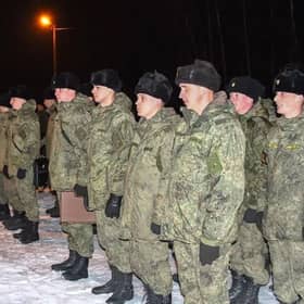 Russian soldiers standing at attention upon their arrival for the joint drills in Belarus against the backdrop of tensions between the West and Russia over neighbouring Ukraine. (Photo AFP via Getty Images)