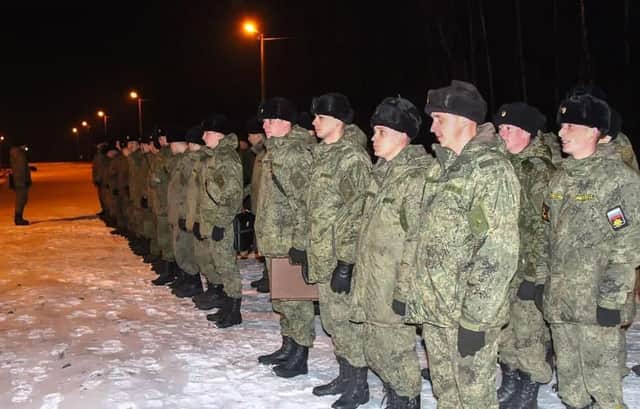 Russian soldiers standing at attention upon their arrival for the joint drills in Belarus against the backdrop of tensions between the West and Russia over neighbouring Ukraine. (Photo AFP via Getty Images)
