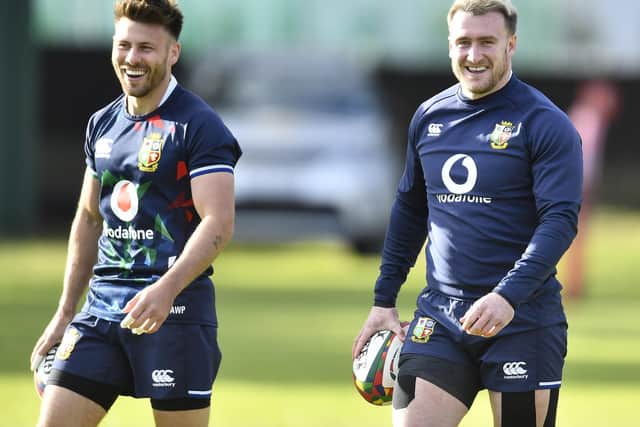 Ali Price and Stuart Hogg during the British and Irish Lions training session at Hermanus High School. Picture: Ashley Vlotman/Gallo Images/Getty Images