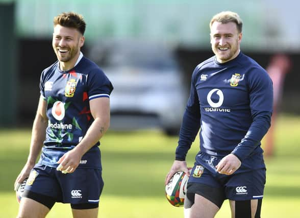 Ali Price and Stuart Hogg during the British and Irish Lions training session at Hermanus High School. Picture: Ashley Vlotman/Gallo Images/Getty Images