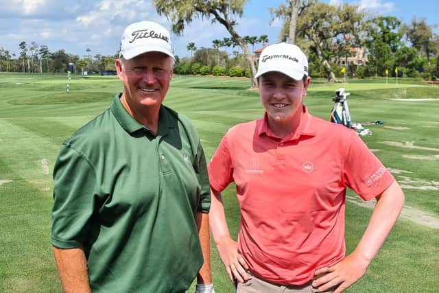 Sandy Lyle and Bob MacIntyre pictured after bumping into each other as they were practising last week at TPC Sawgrass in Ponte Vedra Beach in Florida. They are hopng to be reunited at The Masters in a fortnight's time. Picture: Bounce Sport