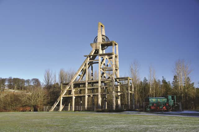 Winding gear of closed Mary Pit coal mine in Lochore Meadows Country Park in Fife, Scotland, UK.
