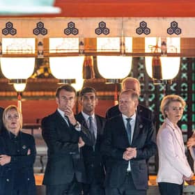 (Left to right) European Council president Charles Michel, Canada's Prime Minister Justin Trudeau, Italy's Prime Minister Giorgia Meloni, Britain's Prime Minister Rishi Sunak, France's president Emmanuel Macron, German Chancellor Olaf Scholz, US president Joe Biden and European Commission president Ursula von der Leyen are given a tour of the Itsukushima Shrine. Picture: Jacques Witt/POOL/AFP via Getty Images