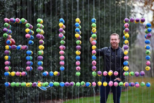 Sir Chris Hoy unveiled a new installation at the Royal Botanic Garden in Edinburgh commissioned by The National Lottery to inspire change and to encourage the public to think about how they might use some of the £30million raised for good causes each week in their own communities.  The installation is made up of 636 National Lottery balls to represent the 636,000 projects that have been supported over the last 27 years.
Picture: Michael Gillen