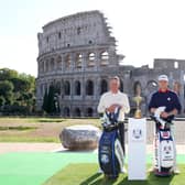 European Ryder Cup captain Luke Donald and US counterpart Zach Johnson visited the Colosseum as part of the 'Year to Go' celebrations in Rome. Picture: Andrew Redington/Getty Images.