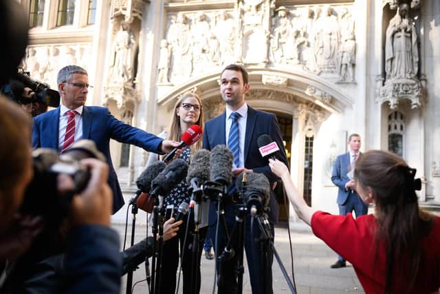 Bakery owners Amy and Daniel McArthur, who own "Ashers" in Belfast, speak to the media outside the Supreme Court. Picture: Leon Neal/Getty Images