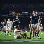 Scotland's Ben White celebrates with team-mates after scoring his try against England.