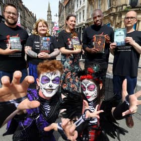 Debut Prize shortlistees David Goodman, Claire Wilson, Natalie Jayne Clark, Foday Mannah and Richard Strachan with performers Reuben Moran and Millie Wilson. Picture: Colin Hattersley