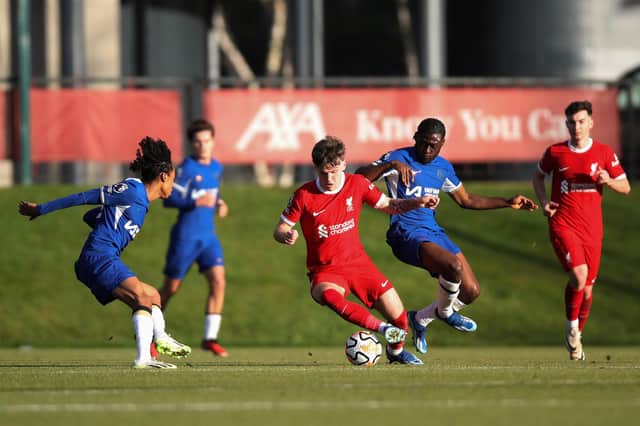 Ben Doak in action for Liverpool U21 during the Premier League 2 match against Chelsea U21 at The Kirkby Academy on December 17, 2023. (Photo by Liverpool FC/Liverpool FC via Getty Images)
