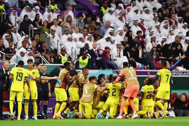 Ecuador players celebrate Enner Valencia's second goal in the 2-0 win over Qatar. (Photo by Francois Nel/Getty Images)
