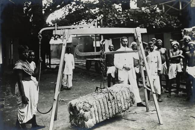 Weighing a bale of jute in Bengal in 1900. Picture: University of Dundee
