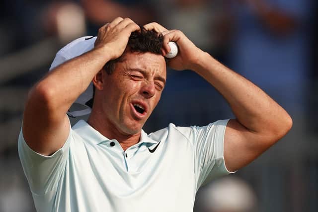 McIlroy reacts after finishing the 18th hole during the final round of the 124th US Open at Pinehurst.