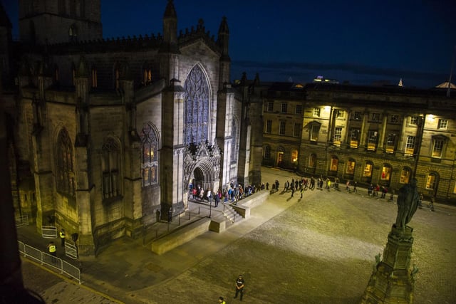 St Giles' Cathedral at dusk as members wait to get a glimpse of the Queen's coffin