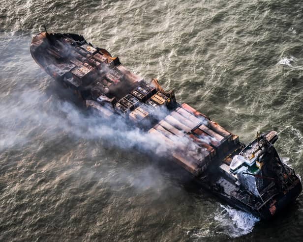 The Solong container ship drifts in the Humber Estuary, off the coast of East Yorkshire following a collision with the MV Stena Immaculate oil tanker.