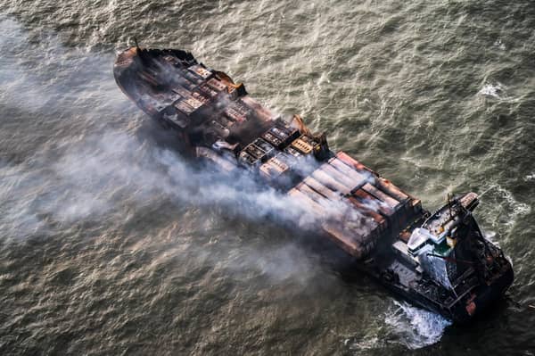The Solong container ship drifts in the Humber Estuary, off the coast of East Yorkshire following a collision with the MV Stena Immaculate oil tanker.