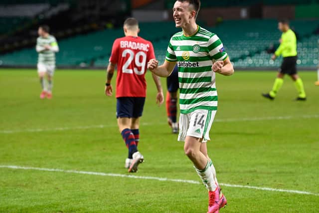 Celtic's David Turnbull celebrates making it 3-2 and sealing a first win for Neil Lennon's men in six games. (Photo by Rob Casey / SNS Group)
