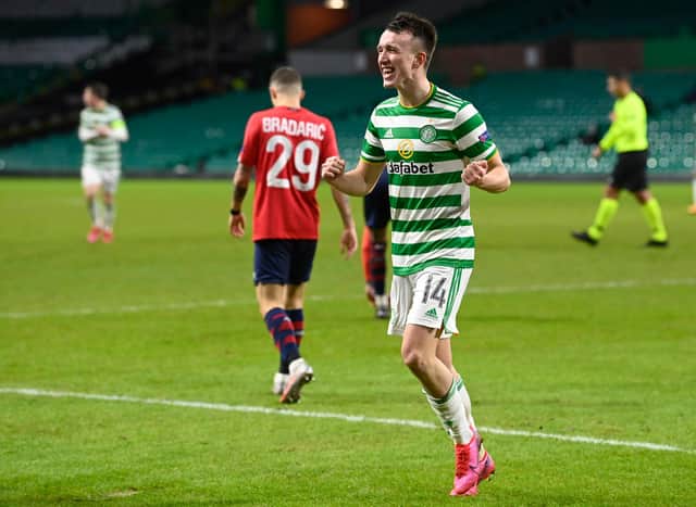 Celtic's David Turnbull celebrates making it 3-2 and sealing a first win for Neil Lennon's men in six games. (Photo by Rob Casey / SNS Group)