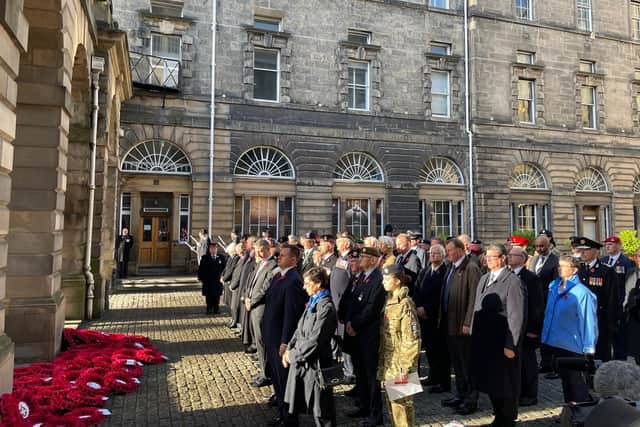 Wreaths were laid outside the City Chambers in Edinburgh during the Remembrance Sunday service by veterans, representatives of the armed services and religious organisations.