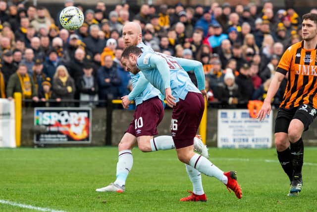 Andy Halliday scores to make it 1-0 Hearts at Beechwood Park. (Photo by Mark Scates / SNS Group)