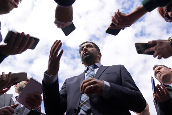 First Minister Humza Yousaf is surrounded by the the media during a visit to Dundee on Friday. He cancelled a planned speech earlier in the day as he battles for his political survival. Kate Forbes, below, may be the choice to succeed him. Picture: Andrew Milligan/PA Wire