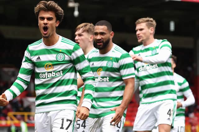 Celtic's Jota celebrates with Cameron Carter-Vickers, with Carl Starfelt looking on. And while the club's support is concerned over the possibility that Jota and Carter-Vickers won't be retained at the end of their loan deals, manager Ange Postecoglou appear relaxed over their situations as long as they continue to give their all this season. (Photo by Alan Harvey / SNS Group)