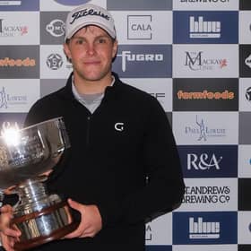 Rory Franssen shows off the trophy after winning the Tartan Pro Tour's Fairmont St Andrews event supported by Martin Gilbert. Picture: Tartan Pro Tour