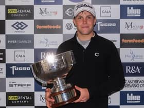 Rory Franssen shows off the trophy after winning the Tartan Pro Tour's Fairmont St Andrews event supported by Martin Gilbert. Picture: Tartan Pro Tour