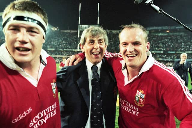 Gregor Townsend, right, celebrates with coach Ian McGeechan and Lions team-mates Paul Wallace after the victory in the second Test in Durban in 1997 which gave the tourists an unassailable 2-0 lead in the series. Picture: David Gibson/Shutterstock