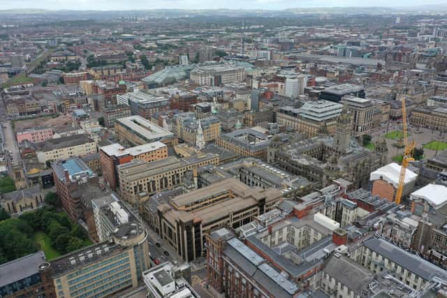 An aerial stock view of Glasgow.